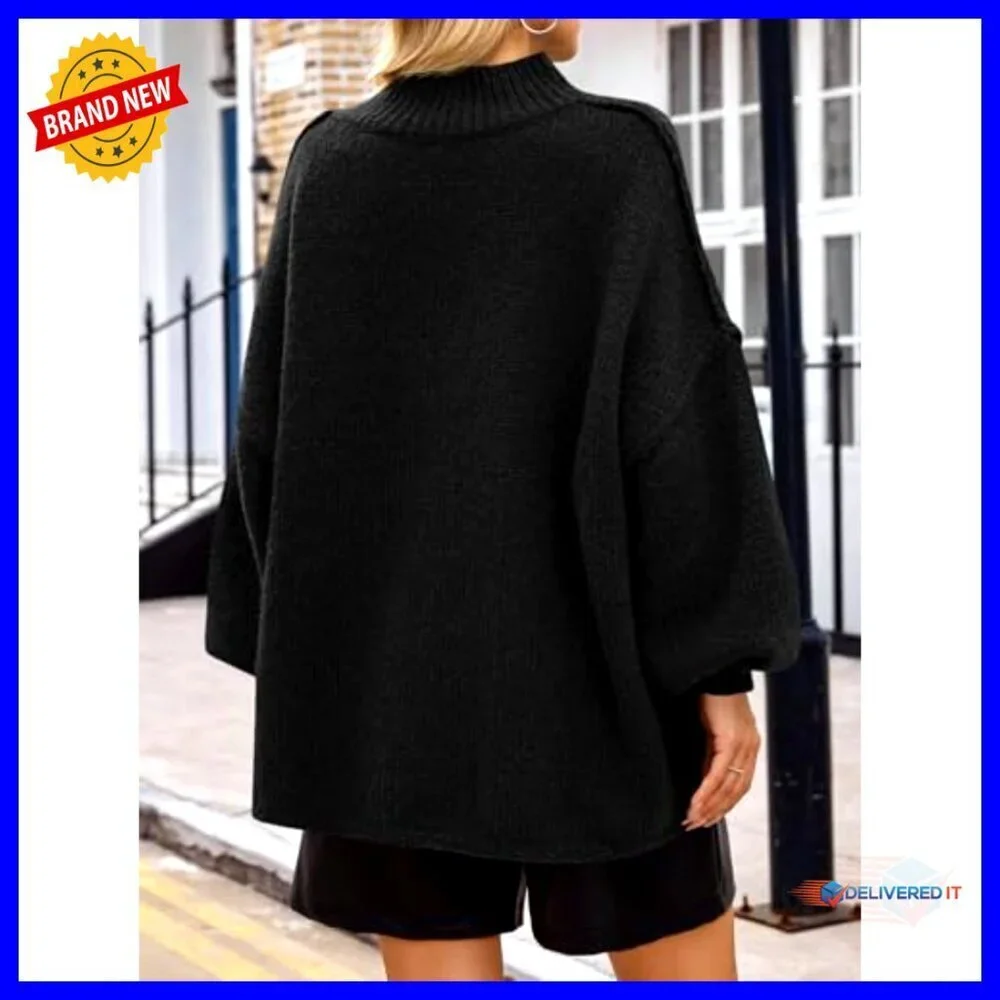 Oversized Mock Neck Batwing Sweater Ribbed Knit Tunic Casual Chic Fall